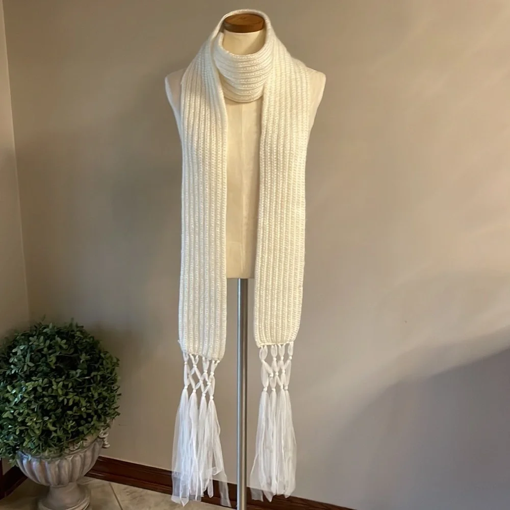 SISLEY women’s EXRA LONG WHITE bridal scarf with tulle fringe approx 100 inches